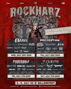 Poster Tagesaufteilung ROCKHARZ 2025 Mittwoch 2. Juli Saxon Apocalyptica Clawfinger Dark Tranquillity Soulfly Any Given Day Rhapsody Of Fire April Art Primal Fear TYR Excrementory Grindfuckers Donnerstag 3. Juli Heaven Shall Burn King Diamond Versengold Sodom Warkings JBO Nachtblut Green Lung Memoriam The New Roses The Gems Mister Misery Non Est Deus Kupfergold Asenblut Deliver The Galaxy Freitag 4. Juli Powerwolf Cradle Of Filth Mono Inc. Gloryhammer Overkill Die Kassierer Solstafir Insomnium Draconian Vader Deserted Fear Harpyie Defects Aephanemer Arctis Season In Black Samstag 5. Juli In Extremo ASP Abbath Dragonforce Mr. Hurley & Die Pulveraffen Flogleap Combichrist Avatarium Visions Of Atlantis Grand Magus Pro-Pain Tragedy Bokassa Robse Frozen Crown Velvet Rush